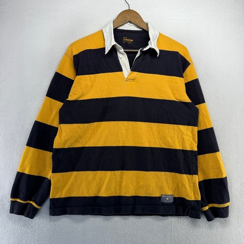 BKE Rugby Shirt Mens Small Yellow Blue Striped Colorblock Michigan Color Vintage